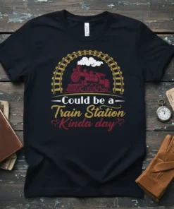 Could be a Train Station Kinda day text with a vintage train graphic on a black t-shirt