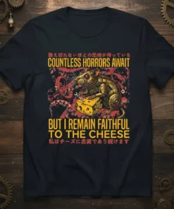 Countless Horrors Await But I Remain Faithful To The Cheese quote with a robot rat and cheese design on a