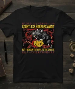 T-shirt design with text "Countless Horrors Await But I Remain Faithful To The Cheese" featuring a rat eating cheese surrounded