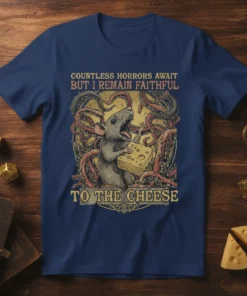 Countless Horrors Await But I Remain Faithful To The Cheese t-shirt with a rat and tentacles design