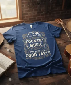 T-shirt design with text "IT'S OK if you don't like COUNTRY MUSIC everyone has GOOD TASTE" in ornate gold lettering