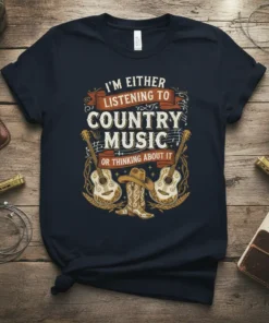 T-shirt with text "I'm Either Listening To Country Music Or Thinking About It", featuring guitars and cowboy boots