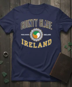 Navy blue t-shirt with "County Clare Ireland" text, a Celtic knot emblem, and the Irish flag colors