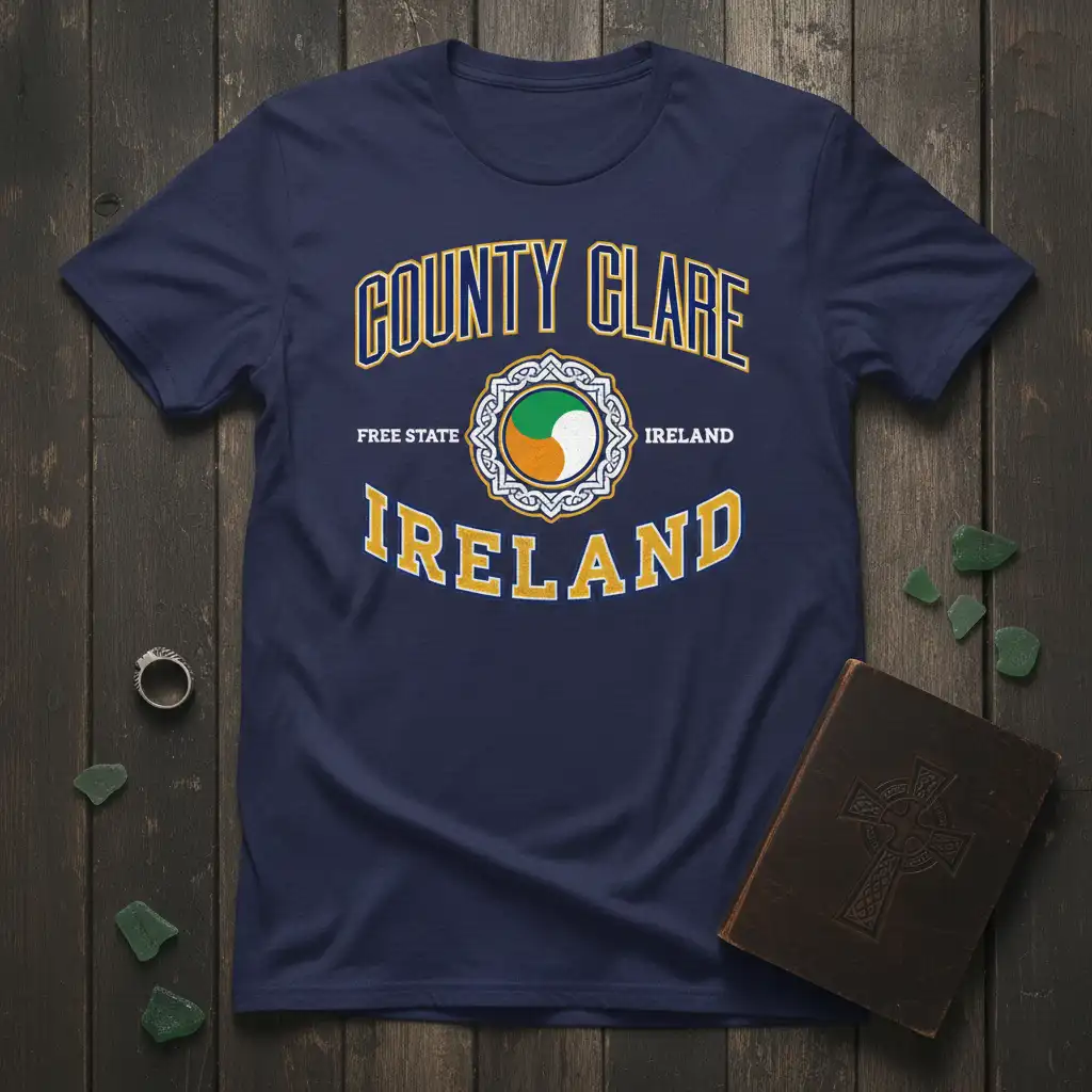 County Clare Ireland t-shirt design with bold lettering and Celtic knot emblem