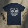 County Jail Inmate 884422 graphic t-shirt with distressed white text and prison bar design