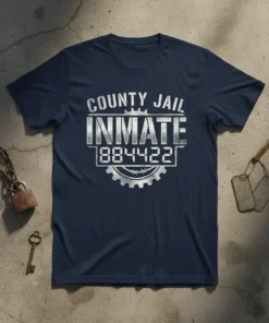 County Jail Inmate 884422 graphic t-shirt with distressed white text and prison bar design