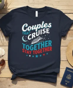 Navy blue t-shirt with "Couples That Cruise Together Stay Together" text and a cruise ship graphic