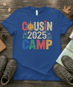COUSIN 2025 CAMP text graphic with a smiling sun, mountains, and trees on a blue t-shirt