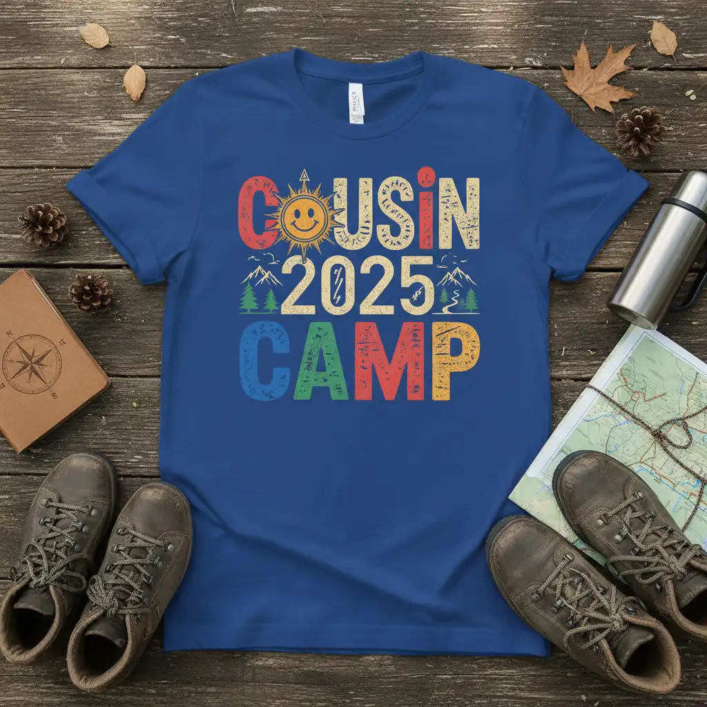 COUSIN 2025 CAMP retro distressed text with sun, mountains, and trees graphic
