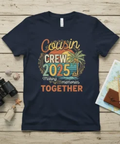 Cousin Crew 2025 Making memories TOGETHER t-shirt with a retro sunset, palm tree, and sailboat graphic