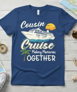 Cousin Cruise Making Memories TOGETHER text with a cruise ship and palm tree graphic on a navy t-shirt
