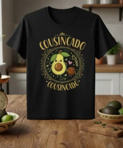 Cousincado Cousincado text with cute avocado illustration on a black t-shirt, framed by ornate gold details