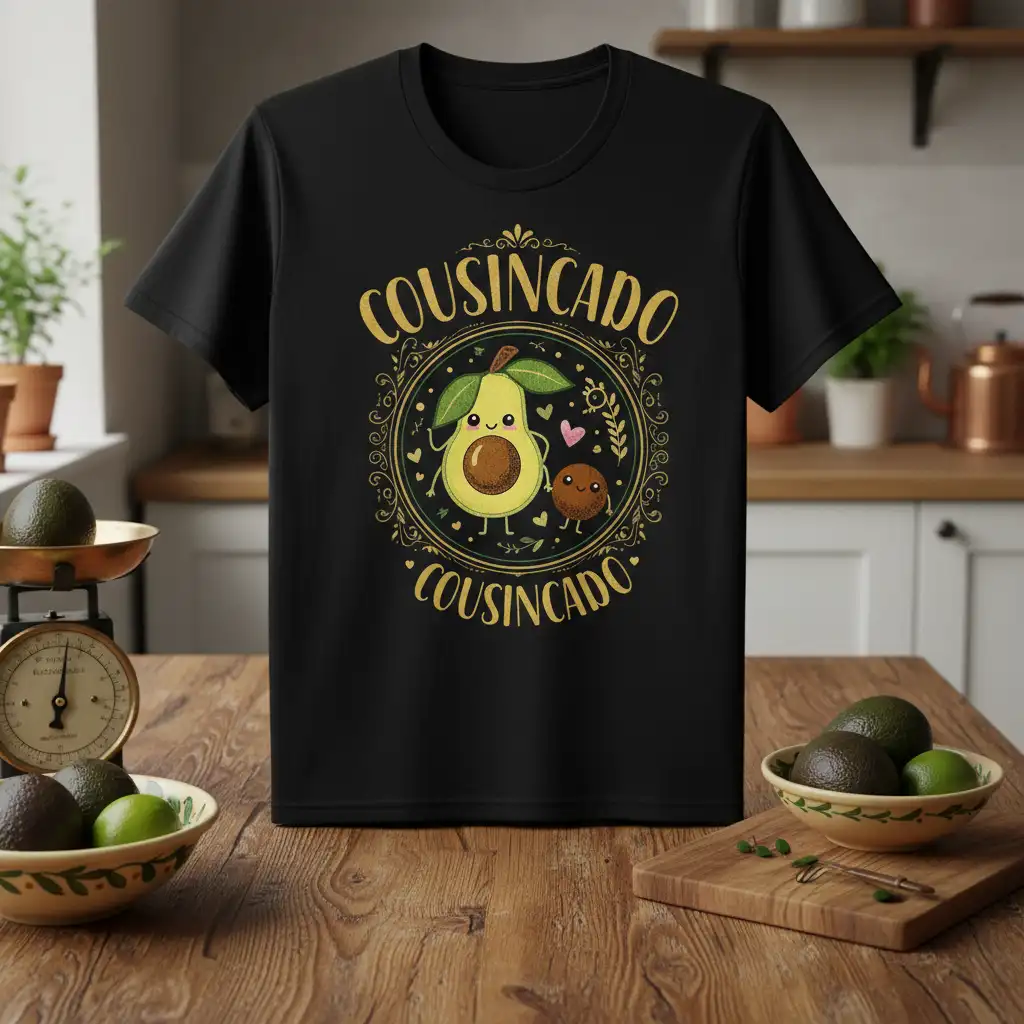 Cousincado Cousincado text with cute avocado illustration on a black t-shirt, perfect for family reunions
