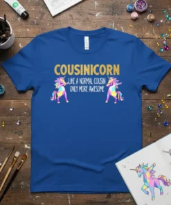 Cousinicorn Like A Normal Cousin Only More Awesome text with two colorful unicorns on a royal blue t-shirt