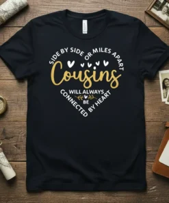 Black t-shirt with "Side by Side or Miles Apart Cousins Will Always Be Connected by Heart" text in white and