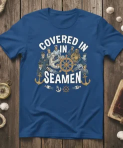 Covered In Seamen text with illustrations of sailors, anchors, and a ship's wheel on a blue t-shirt