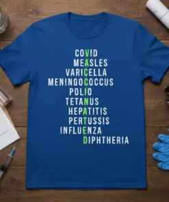 COVID MEASLES VARICELLA MENINGOCOCCUS text design featuring detailed typography on quality t-shirt