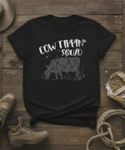 Black t-shirt with distressed graphic text "Cow Tippin' Squad" and a cow silhouette