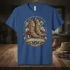 Cowboy Legends Untamed Spirit t-shirt design with western boots, skulls, and floral accents