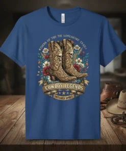 Cowboy Legends Untamed Spirit t-shirt design with western boots, skulls, and floral accents