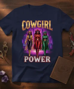 Cowgirl Power text design with three women in stylish western outfits against a city skyline