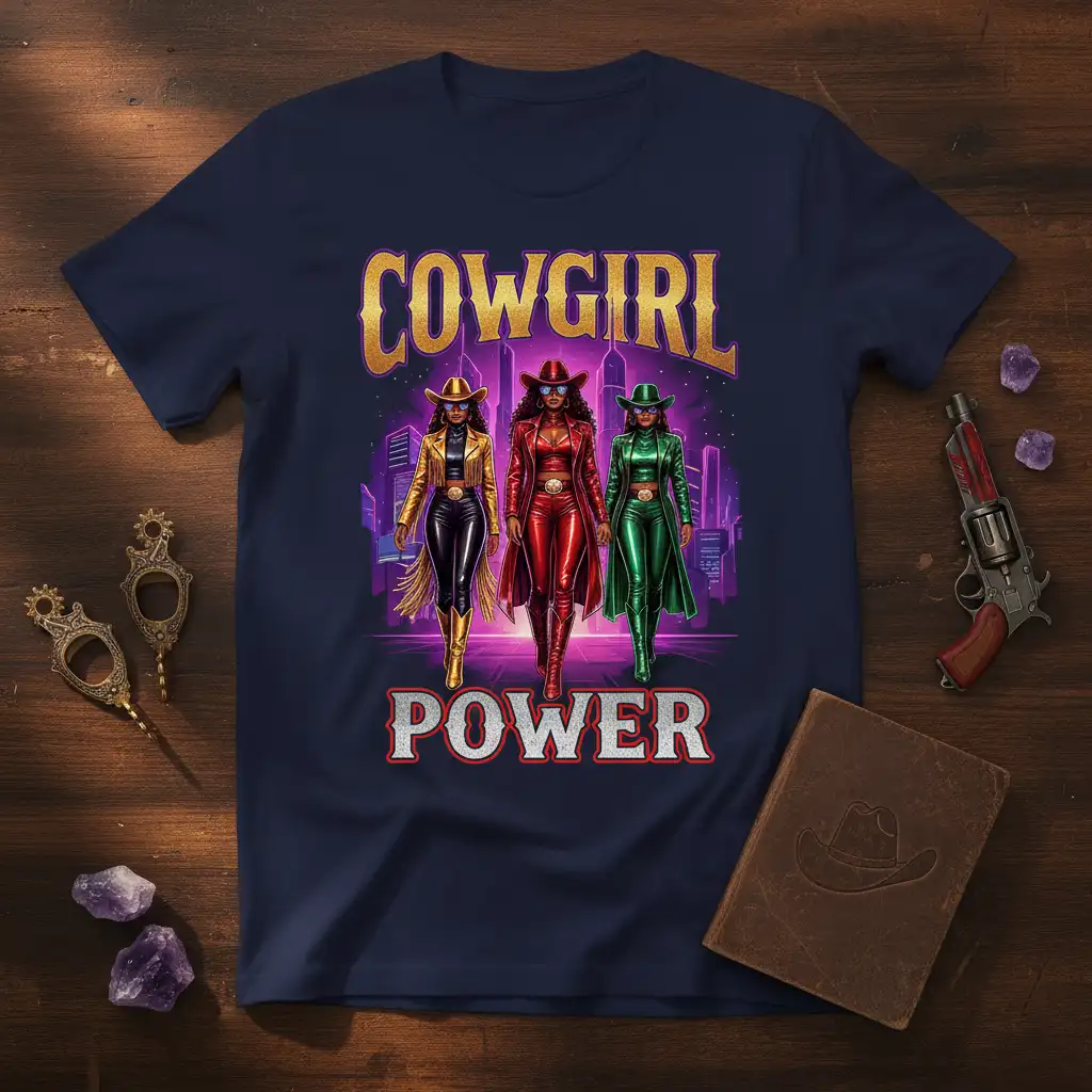Cowgirl Power text design featuring three fashionable women in western wear, city backdrop