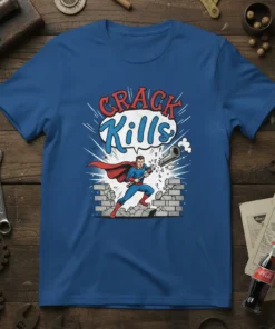CRACK Kills T-Shirt with superhero breaking through brick wall, anti-drug message, bold red and blue design