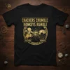 Gold text "Crackers Crumble Honkeys Rumble" with a robot character holding a sphere on a black t-shirt