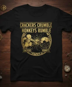 Gold text "Crackers Crumble Honkeys Rumble" with a robot character holding a sphere on a black t-shirt