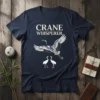 Crane Whisperer t-shirt design with elegant cranes in flight and standing, featuring detailed typography