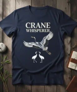 Crane Whisperer t-shirt design with elegant cranes in flight and standing, featuring detailed typography