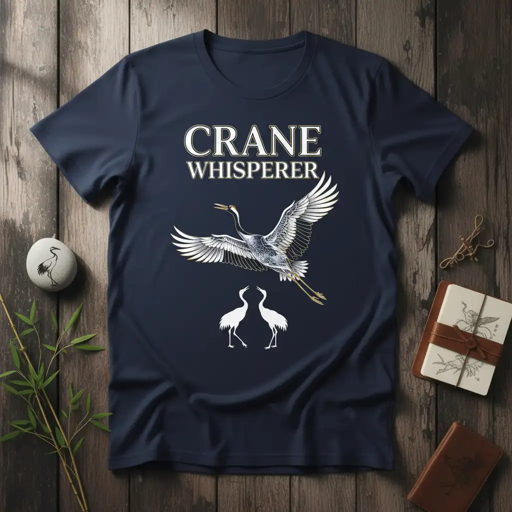Crane Whisperer t-shirt design featuring elegant typography and detailed illustrations of flying and standing cranes
