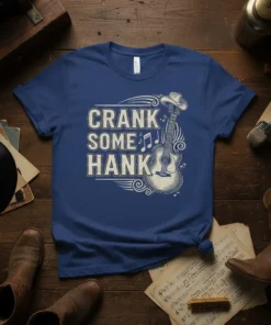 Crank Some Hank t-shirt design with vintage guitar and cowboy hat, country music theme