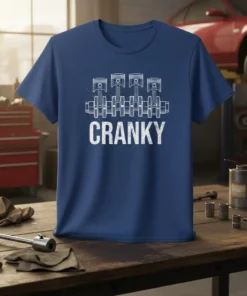 Cranky text with piston and crankshaft graphic on a navy blue t-shirt, ideal for mechanics and car lovers