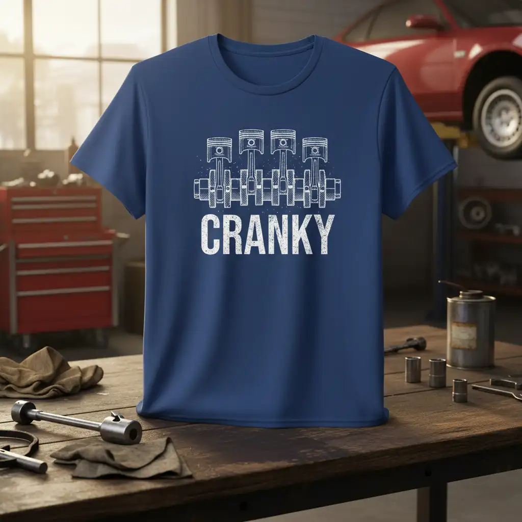 Cranky mechanic t-shirt with engine piston and crankshaft graphic, white distressed text on navy blue