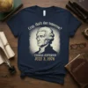 Thomas Jefferson with text "Crap, that's due tomorrow? July 3, 1976" on a navy blue t-shirt