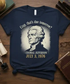 Thomas Jefferson with text "Crap, that's due tomorrow? July 3, 1976" on a navy blue t-shirt