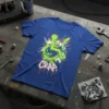 CRAP wheelchair design t-shirt in neon green and orange graffiti style on a blue tee
