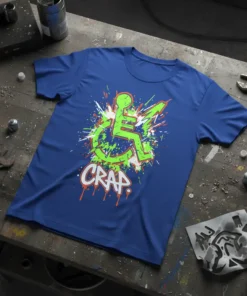 CRAP wheelchair design t-shirt in neon green and orange graffiti style on a blue tee