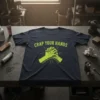 Navy t-shirt with bright green text "Crap Your Hands" above a graphic of clasped hands