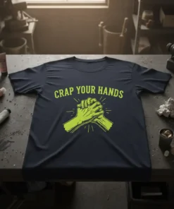 Navy t-shirt with bright green text "Crap Your Hands" above a graphic of clasped hands