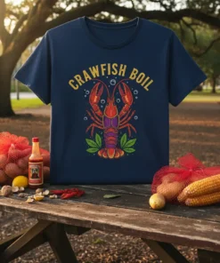 Navy t-shirt with "CRAWFISH BOIL" text and a graphic of a red crawfish with green leaves