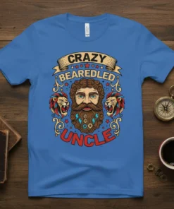 Crazy Bearded Uncle t-shirt design with a man's face, lions, and gears. Features bold text "CRAZY BEARDLED UNCLE"