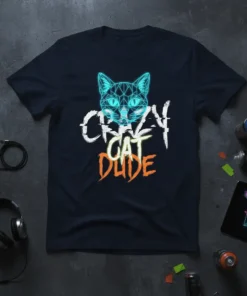 Crazy Cat Dude graphic t-shirt with a geometric neon cat head and distressed text