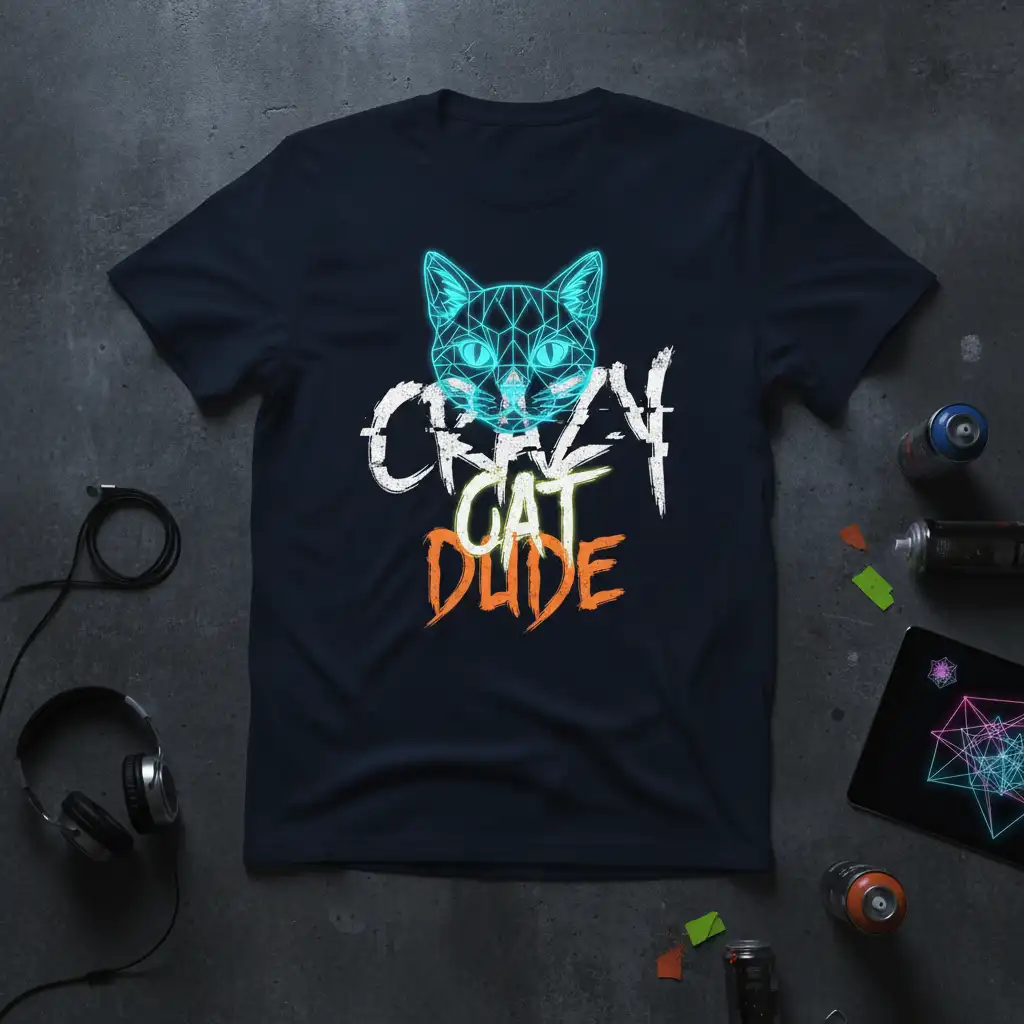 Crazy Cat Dude text with geometric neon cat head graphic on a dark t-shirt