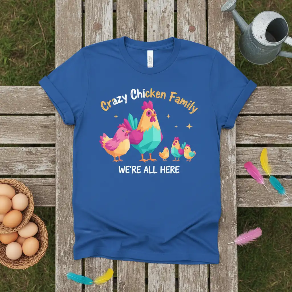 Crazy Chicken Family We're All Here text with cartoon chickens and chicks graphic on a blue t-shirt