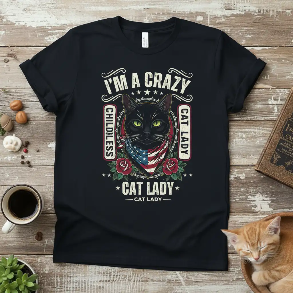 I'm a Crazy Childless Cat Lady text with black cat wearing American flag bandana and roses design on t-shirt