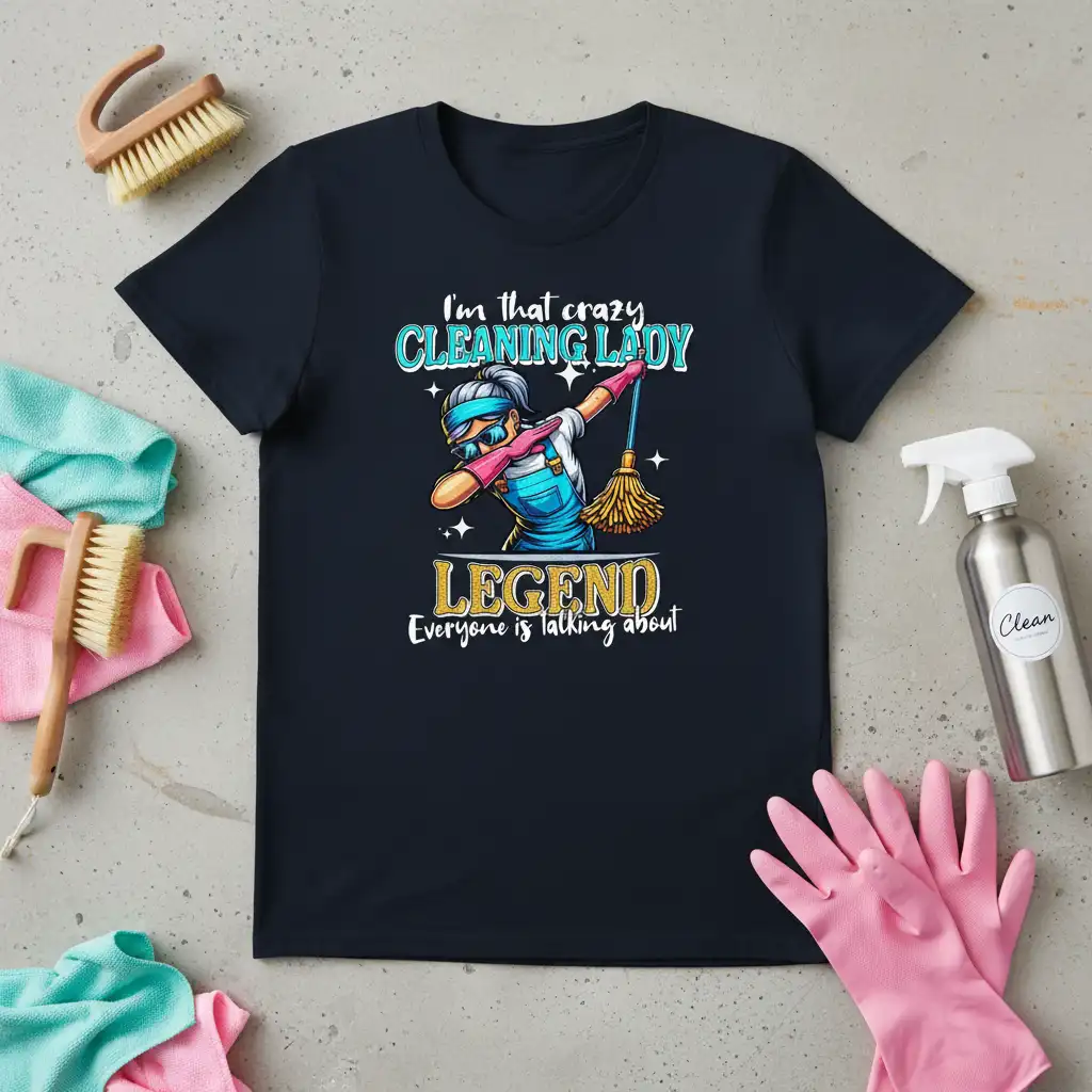 I'm that crazy CLEANING quote printed with bold typography on quality cotton blend t-shirt design