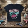 Crazy Dog Groomer Lady text with dog graphic and grooming tools on a navy t-shirt