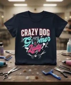 Crazy Dog Groomer Lady text with dog graphic and grooming tools on a navy t-shirt